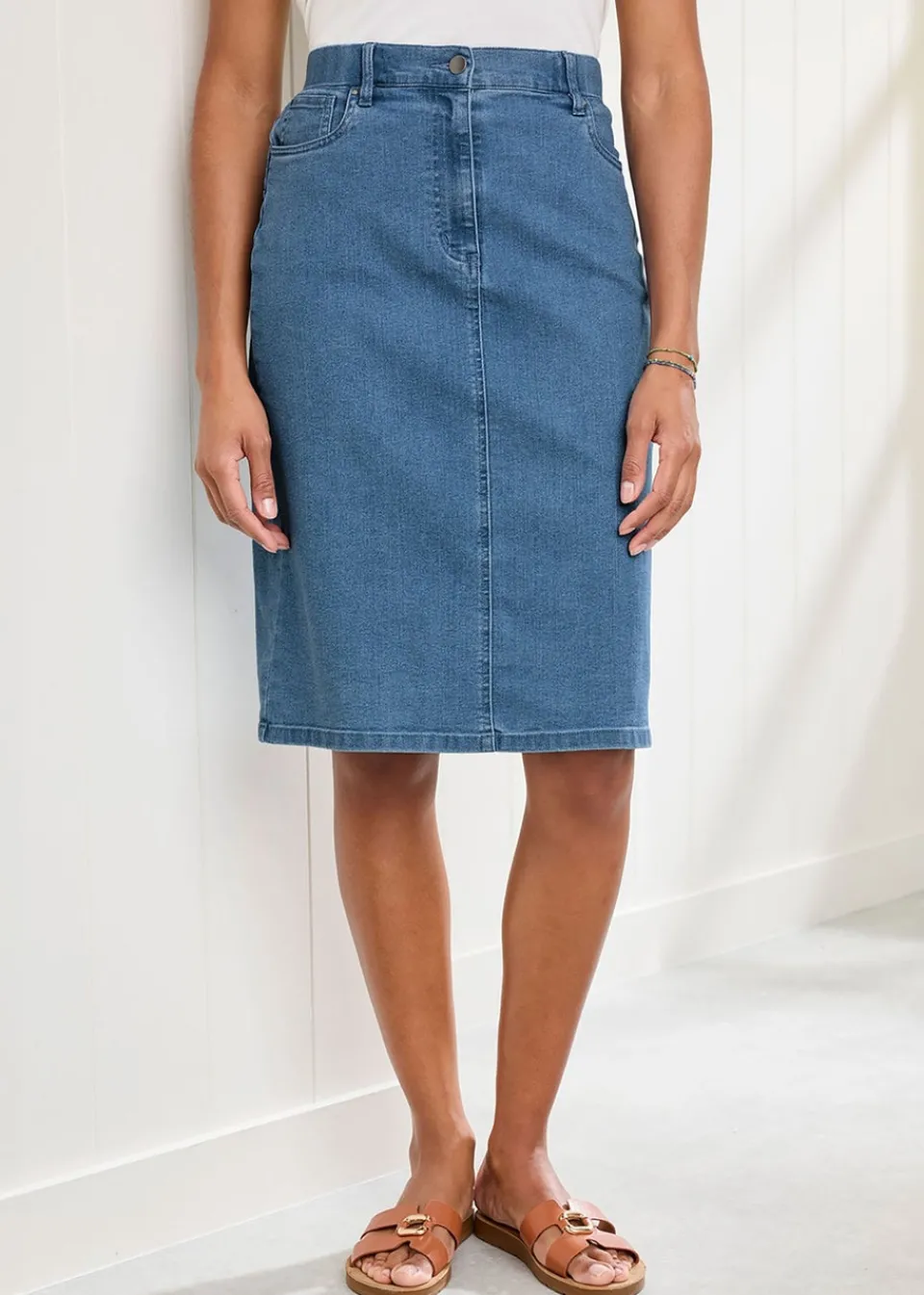 Skirts>Cotton Traders Washed Blue Stretch Denim Skirt