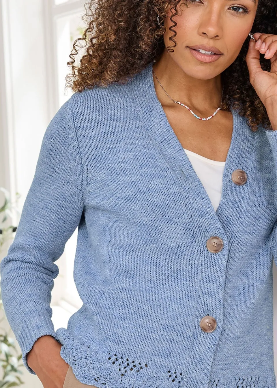 Tops>Cotton Traders Washed Iris Crochet Hem Cardigan