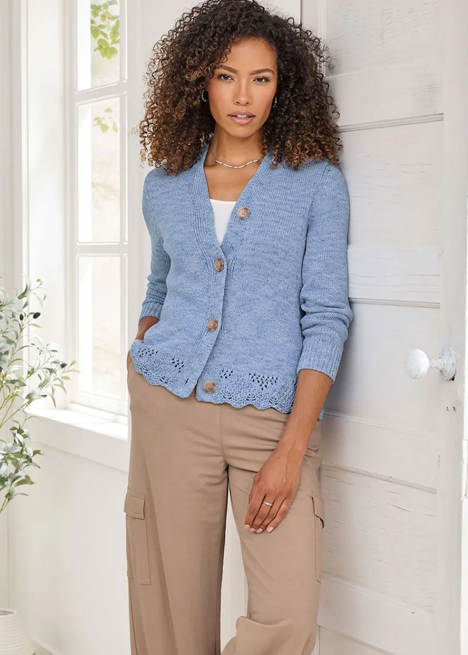 Tops>Cotton Traders Washed Iris Crochet Hem Cardigan