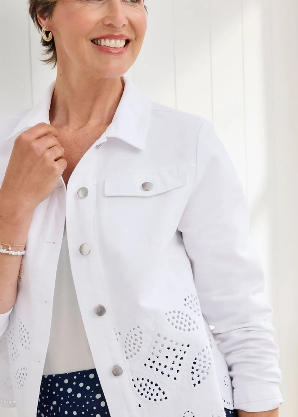 Coats & Jackets>Cotton Traders White / Light Blue Cutwork Denim Jacket