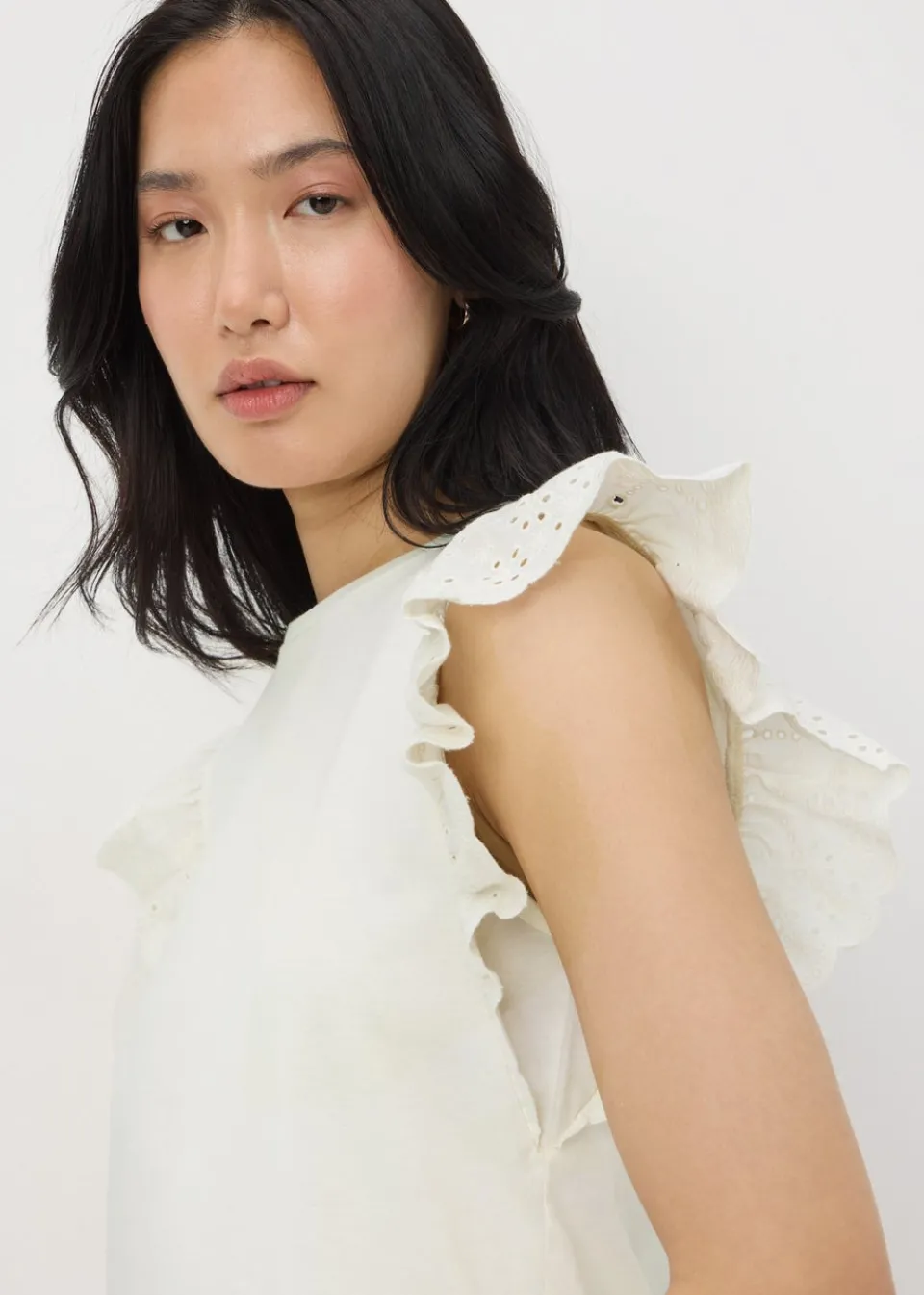 T-Shirts>Papaya Cream Broderie Sleeve T-Shirt