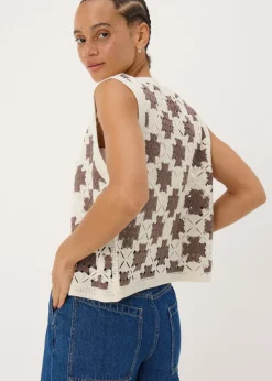 Coats & Jackets>Papaya Cream Crochet Patterned Waistcoat