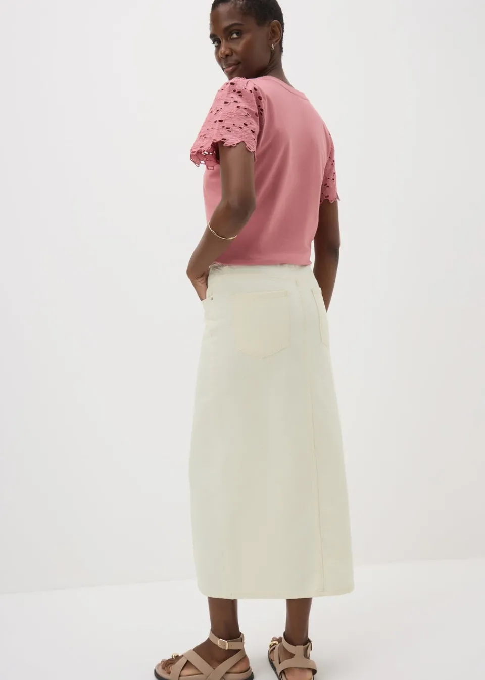 Skirts>Papaya Cream Denim Midi Skirt
