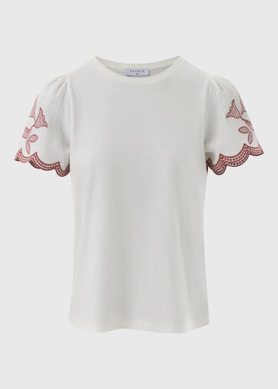 T-Shirts>Papaya Cream Embellished Sleeve T-Shirt