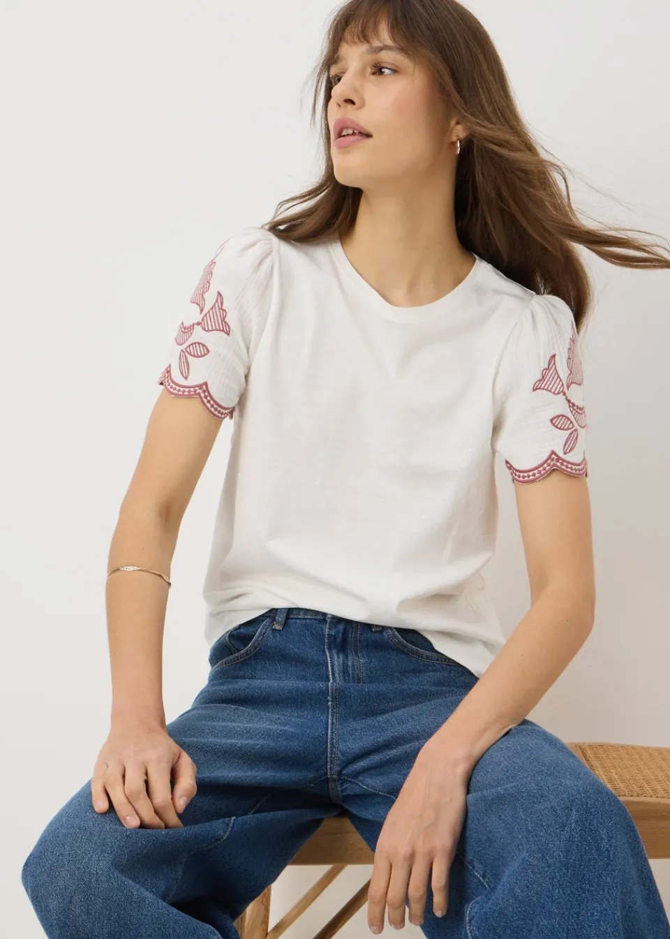 T-Shirts>Papaya Cream Embellished Sleeve T-Shirt