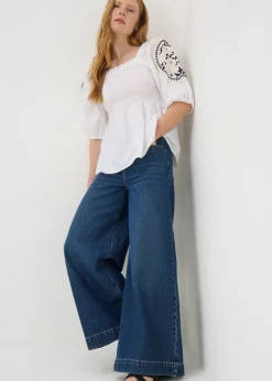 Tops>Papaya Cream Embroidered Shirred Blouse