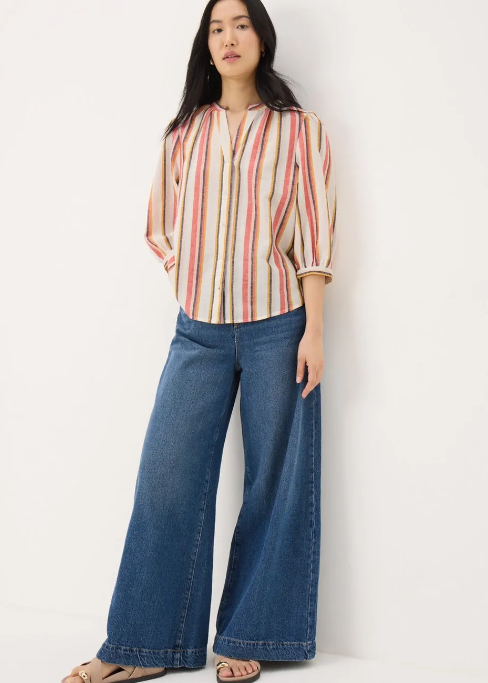 Tops>Papaya Cream Linen Blend Stripe 3/4 Sleeve Blouse