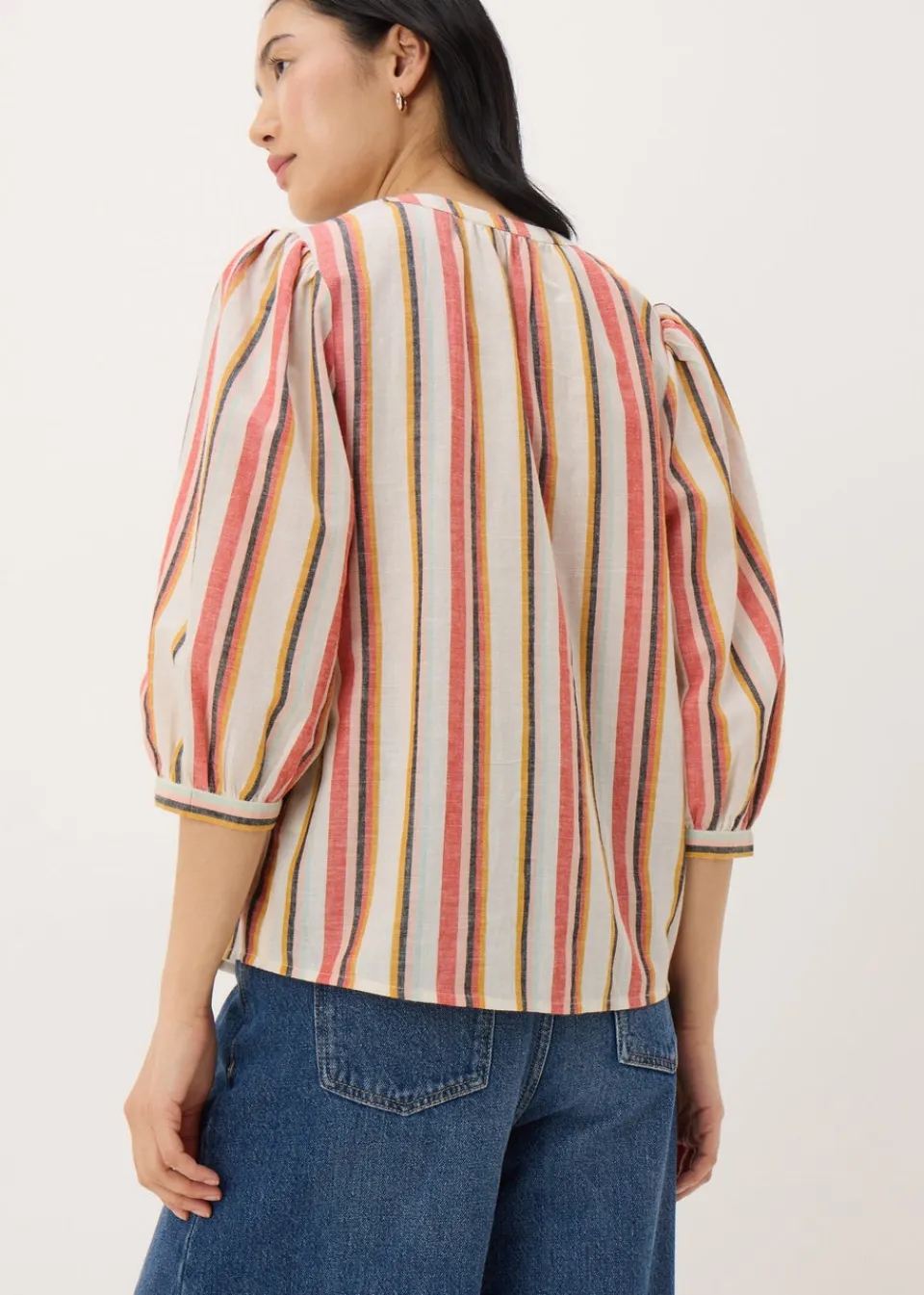 Tops>Papaya Cream Linen Blend Stripe 3/4 Sleeve Blouse
