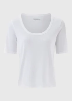T-Shirts>Papaya Ribbed Scoop Neck Fitted T-Shirt Cream