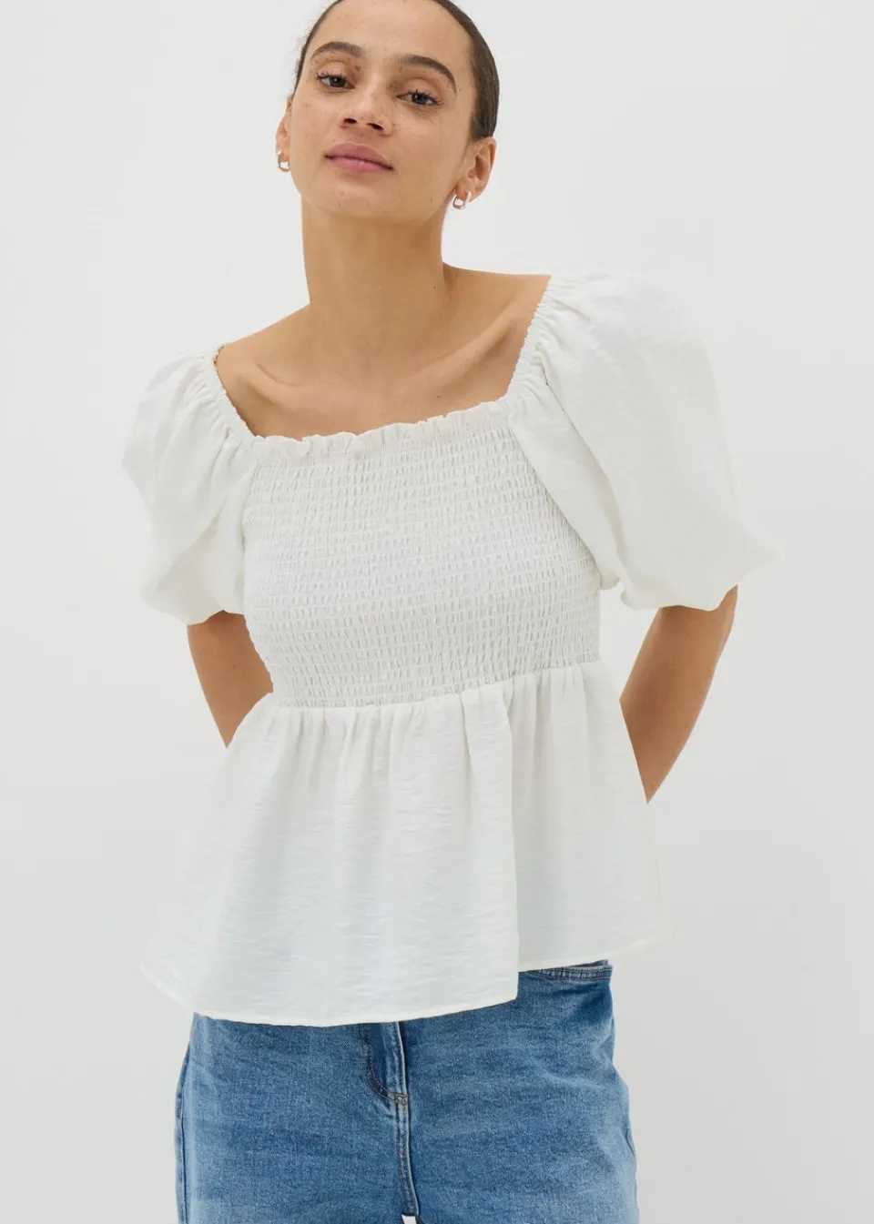 Tops>Papaya Cream Shirred Tie Back Blouse