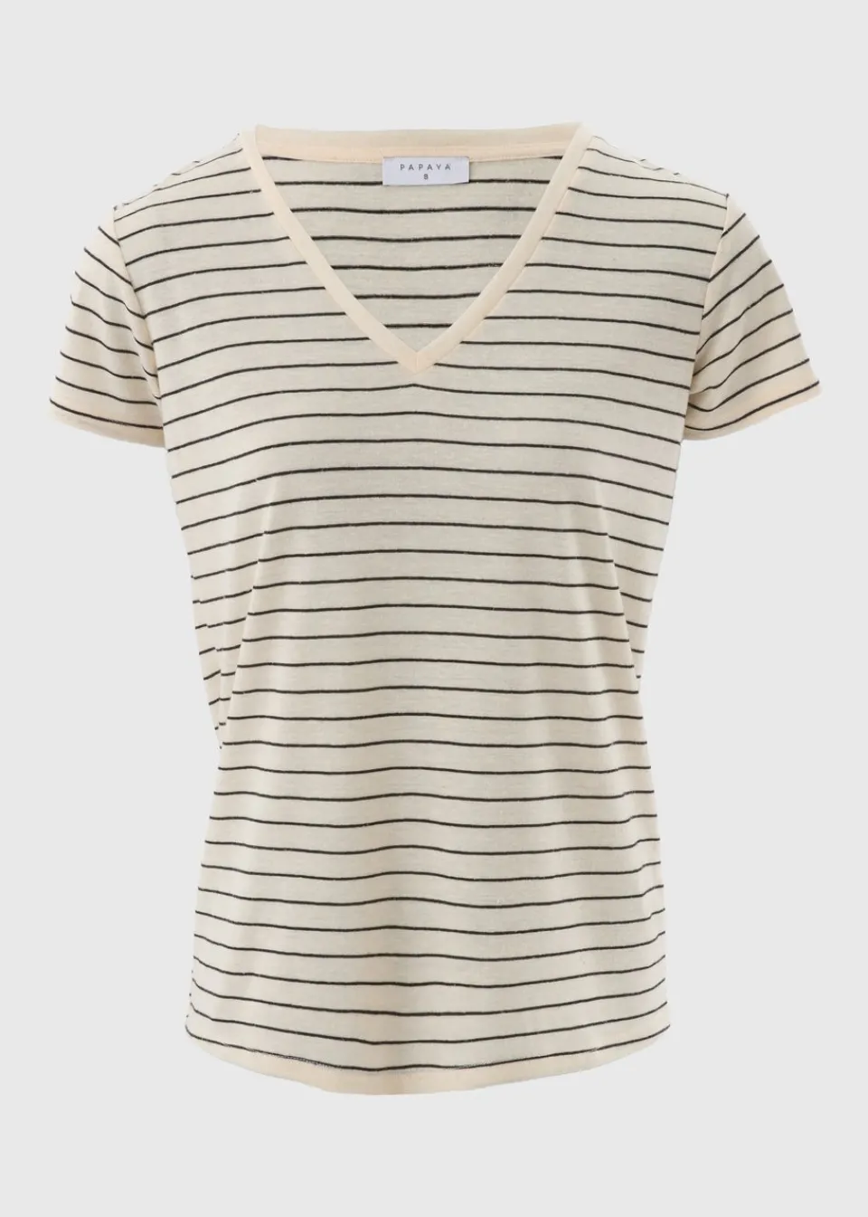 T-Shirts>Papaya Cream Stripe Linen Blend V-Neck T-Shirt