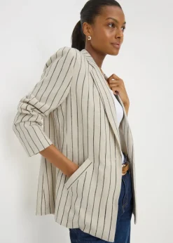 Coats & Jackets>Papaya Cream Stripe Linen Blend Blazer