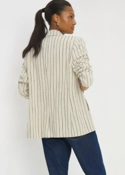 Coats & Jackets>Papaya Cream Stripe Linen Blend Blazer