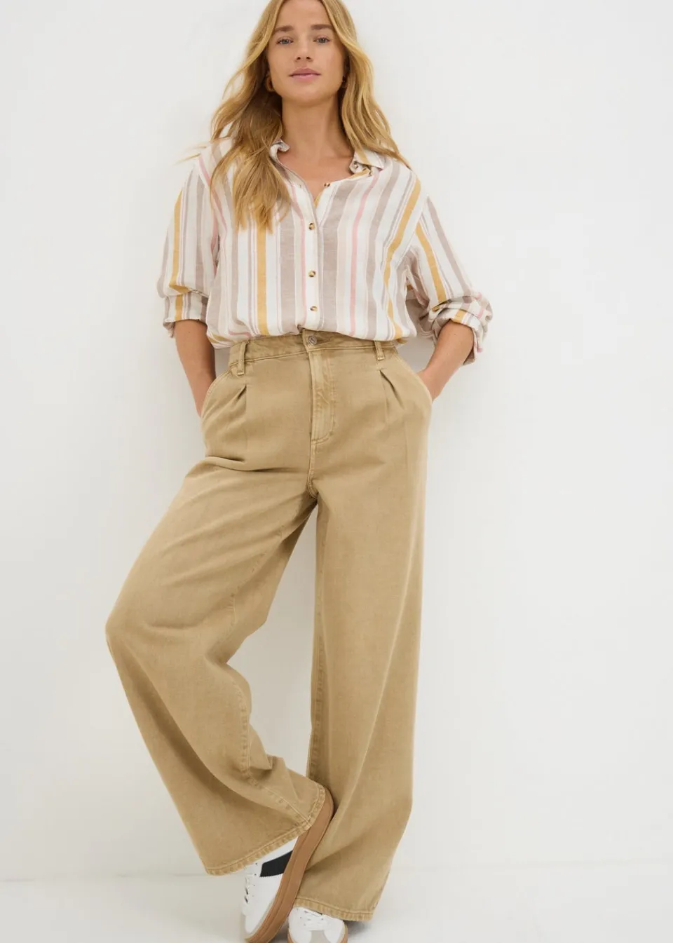 Tops>Papaya Cream Stripe Linen Blend Shirt