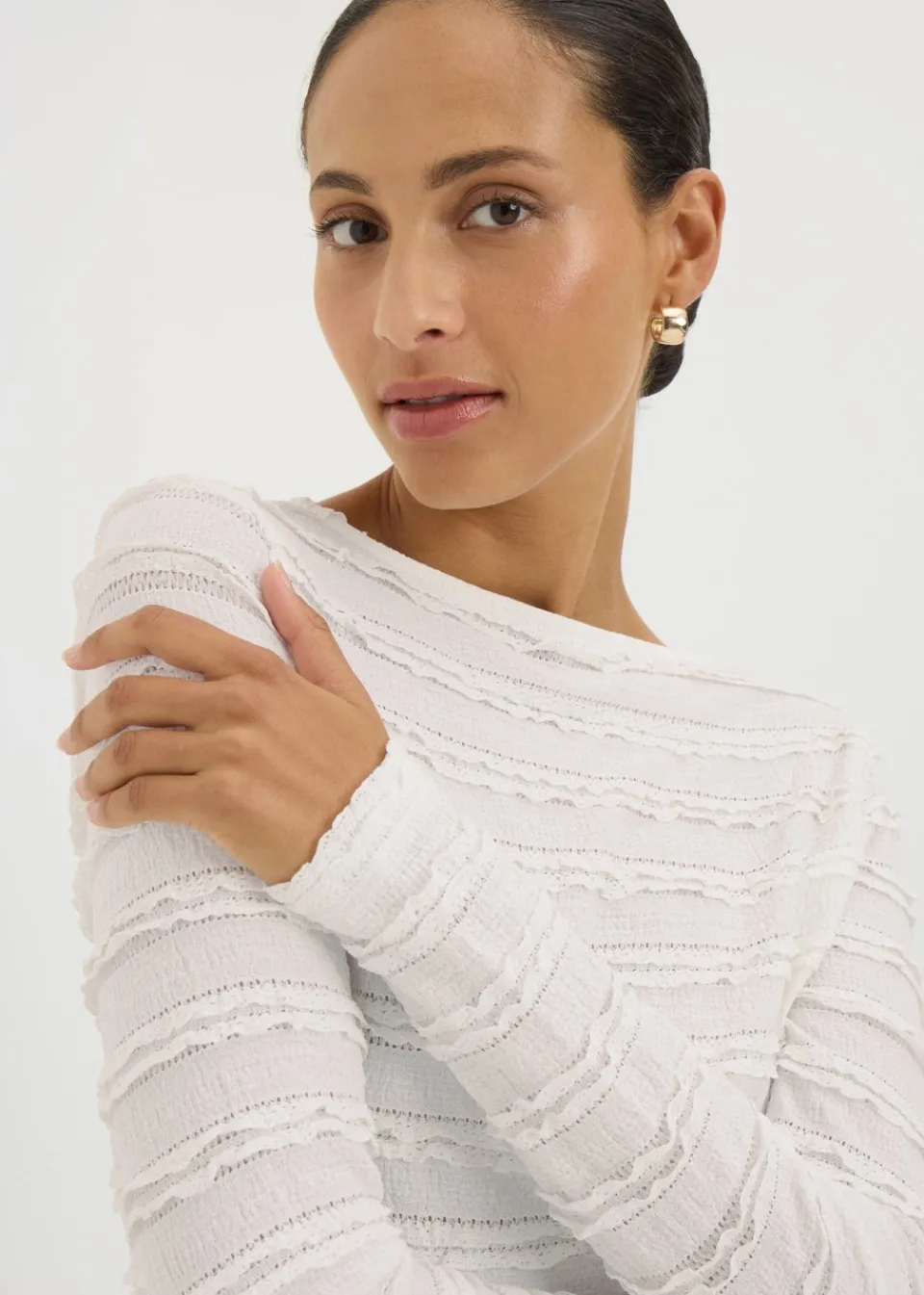 Tops>Papaya Cream Textured Long Sleeve Top