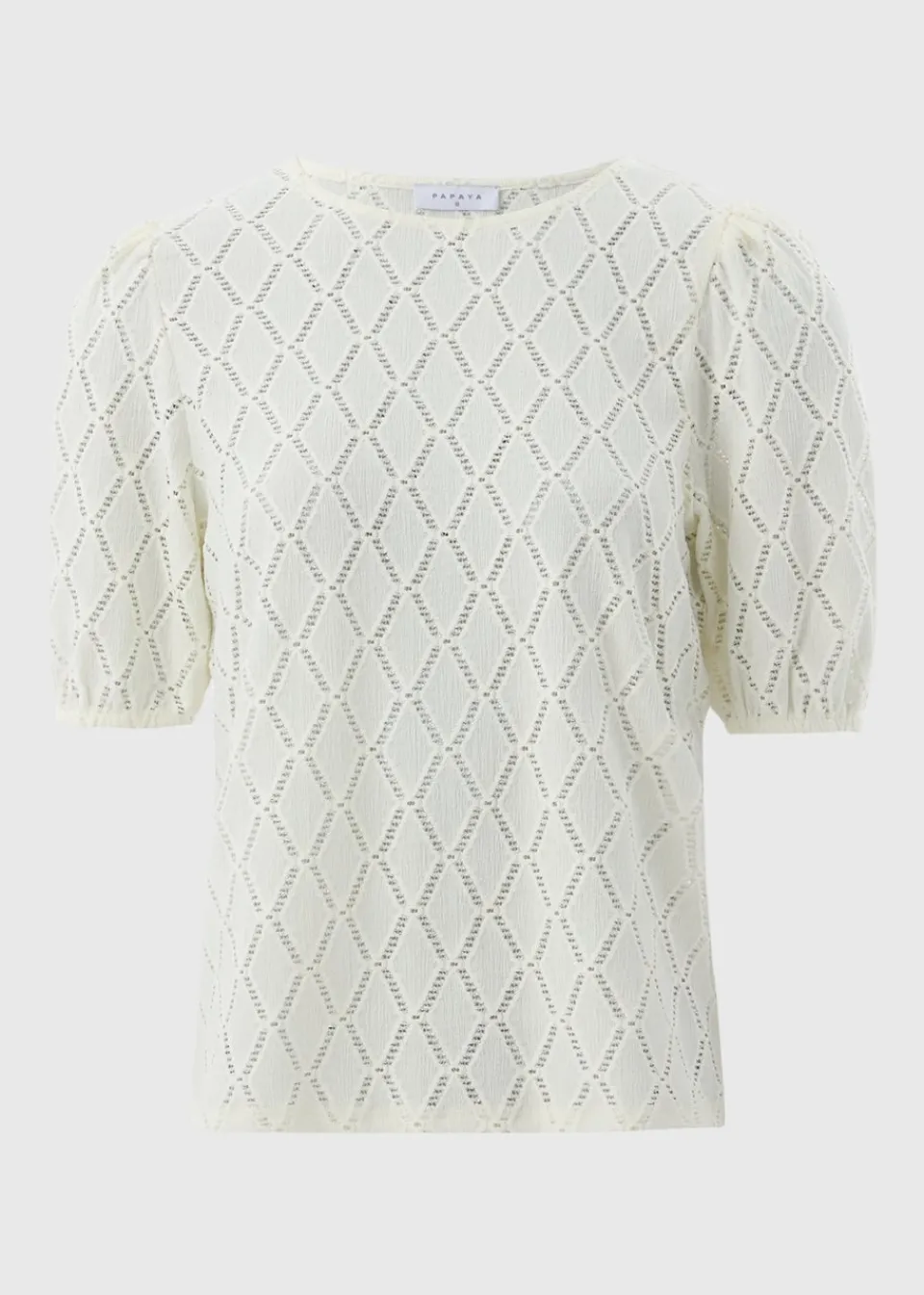 T-Shirts>Papaya Cream Textured Puff Sleeve Top