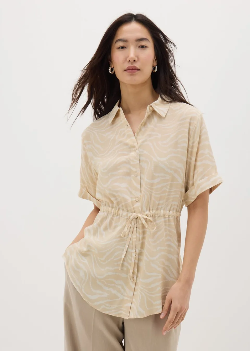 Blouses & Shirts>Papaya Cream Zebra Tie Waist Longline Shirt
