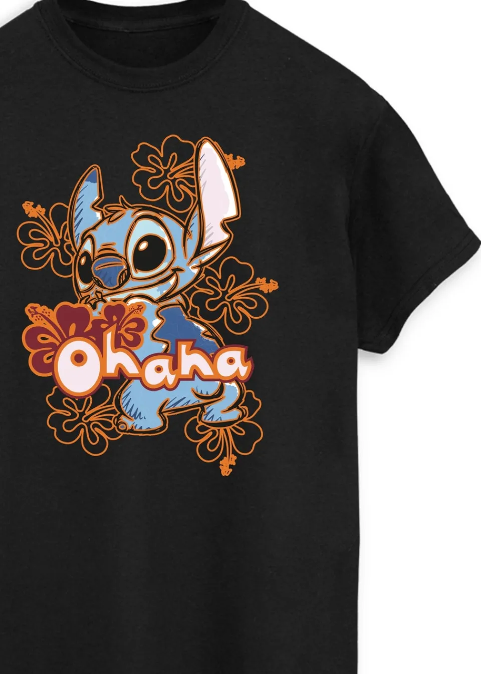 T-Shirts>Disney Stitch Ohana Orange Hibiscus Women Black Printed Boyfriend Fit T-Shirt