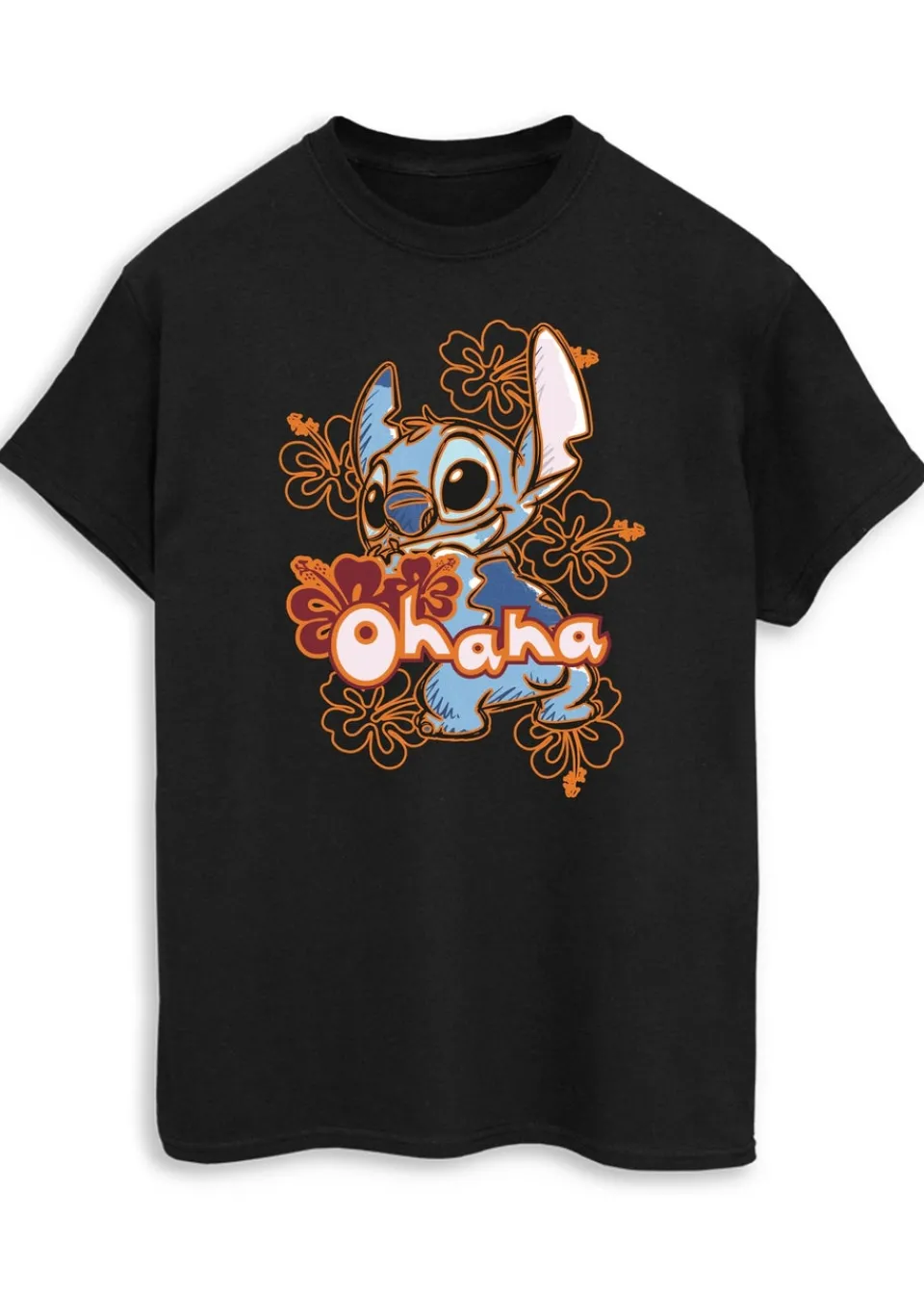 T-Shirts>Disney Stitch Ohana Orange Hibiscus Women Black Printed Boyfriend Fit T-Shirt