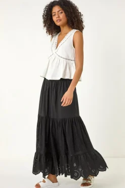 Skirts>Roman Dusk Black Dusk Tiered Broderie Maxi Skirt