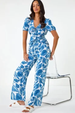 Trousers>Roman Dusk Blue Dusk Shell Print Wide Leg Trousers