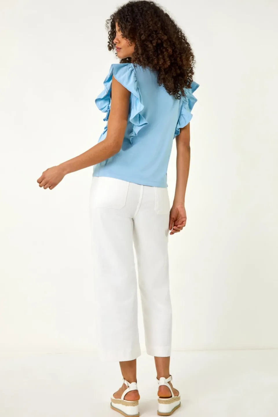 T-Shirts>Roman Dusk Blue Dusk Short Sleeve Ruffle Stretch Tee