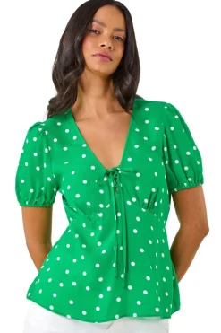 T-Shirts>Roman Dusk Green Dusk Spot Print Tie Front Top