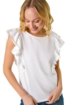 T-Shirts>Roman Dusk White Dusk Ruffle Detail Stretch T Shirt