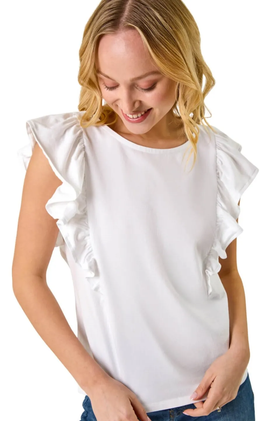 T-Shirts>Roman Dusk White Dusk Ruffle Detail Stretch T Shirt