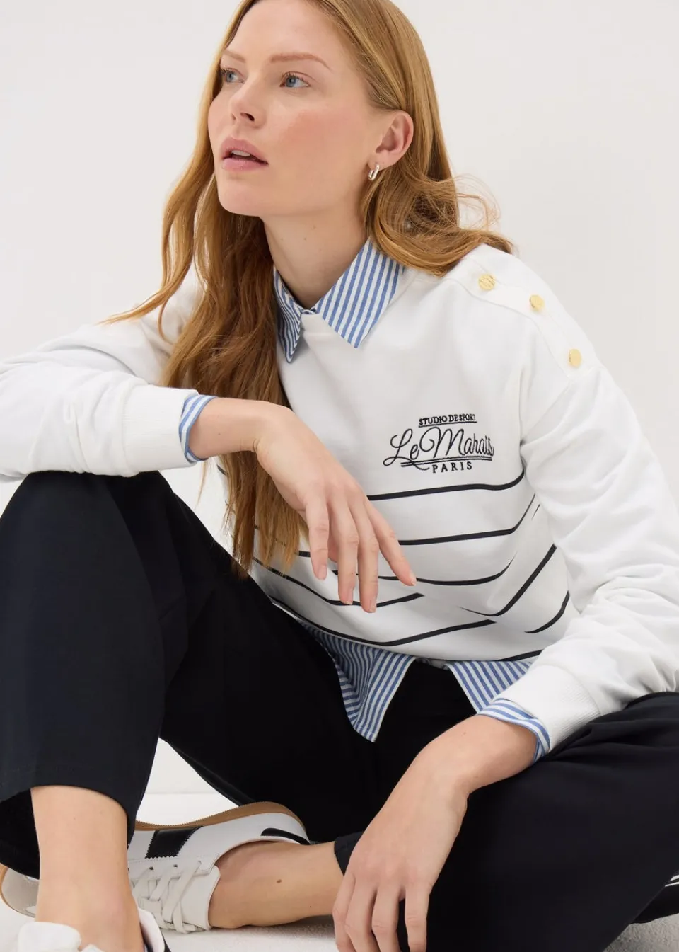 Tops>Papaya Ecru Breton Stripe Sweatshirt