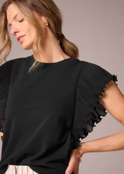 T-Shirts>Et Vous Black Frill Sleeve T-Shirt