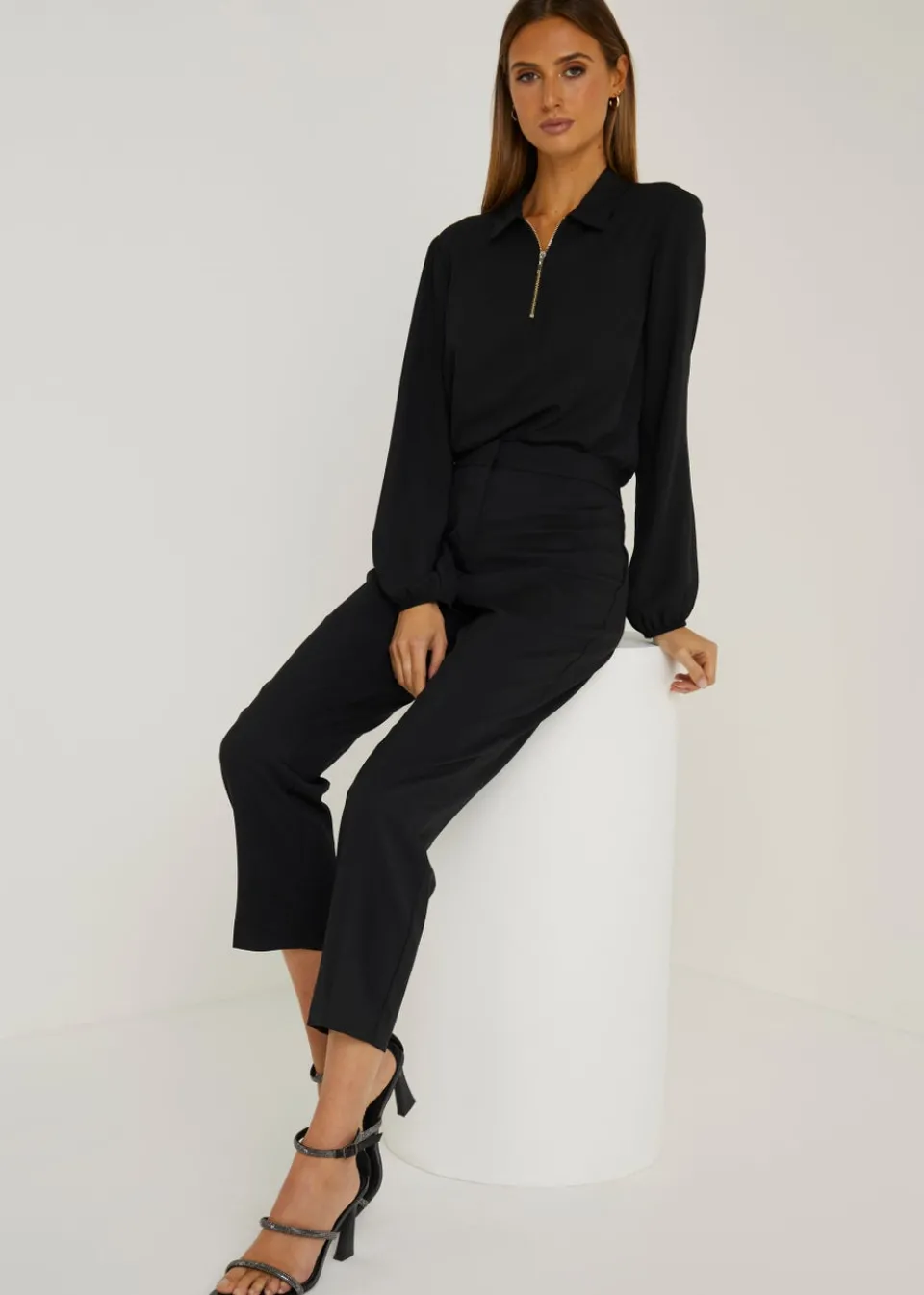 Trousers>Et Vous Black Straight Fit Trousers (Short)