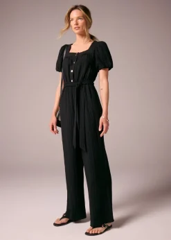 Jumpsuits & Playsuits>Et Vous Black Textured Tie Belt Jumpsuit