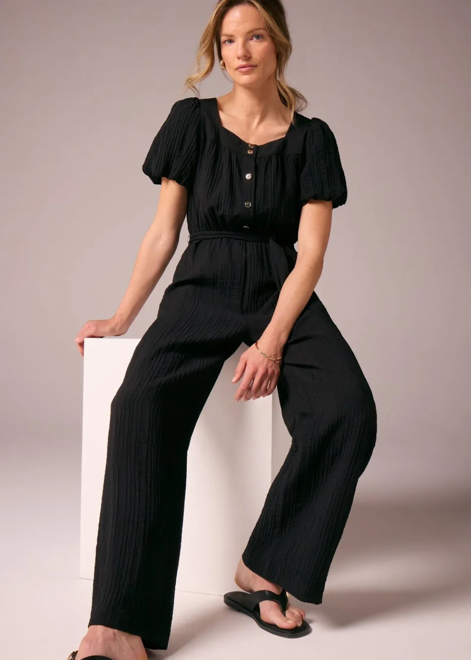 Jumpsuits & Playsuits>Et Vous Black Textured Tie Belt Jumpsuit