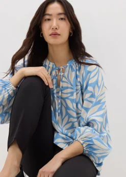 Tops>Et Vous Blue Palm Crinkle Boho Blouse
