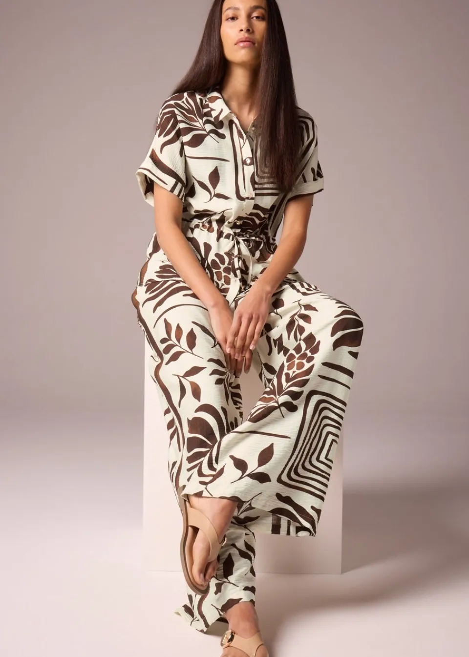 Tops>Et Vous Brown Abstract Leaf Co Ord Tie Waist Shirt