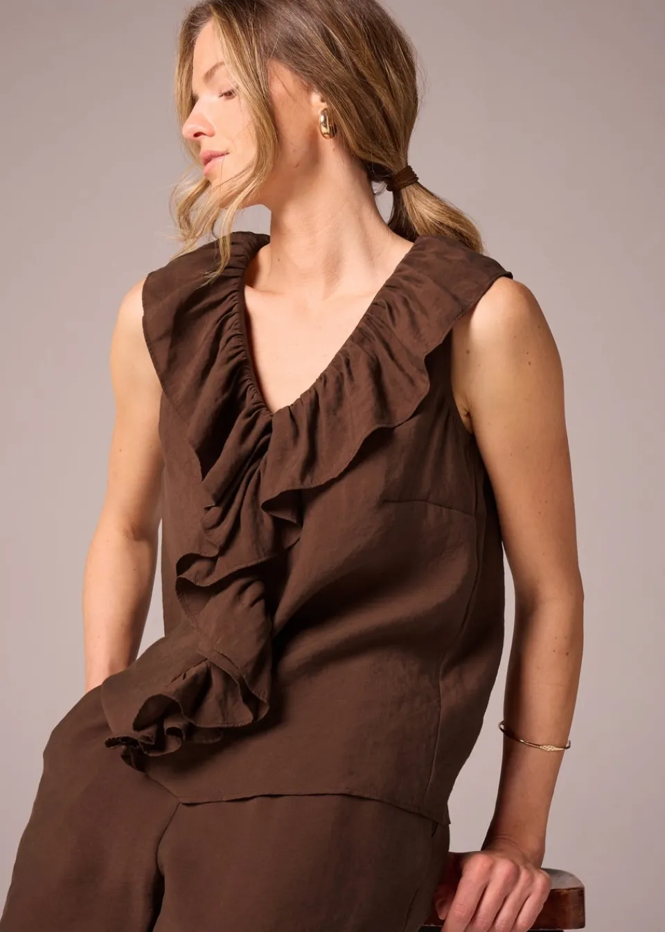 Tops>Et Vous Brown Boho Frill Sleeveless Blouse