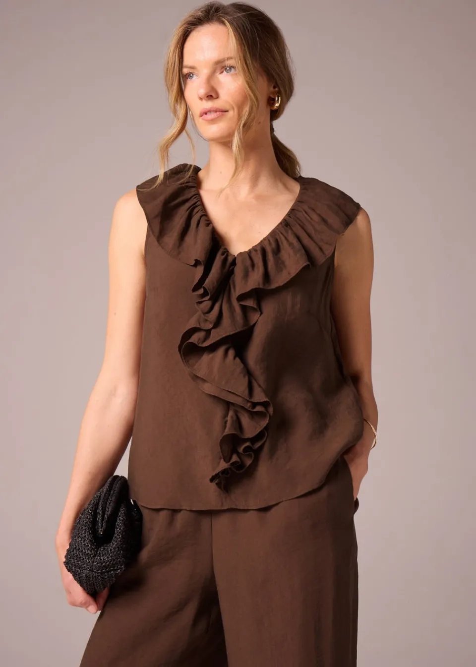 Tops>Et Vous Brown Boho Frill Sleeveless Blouse