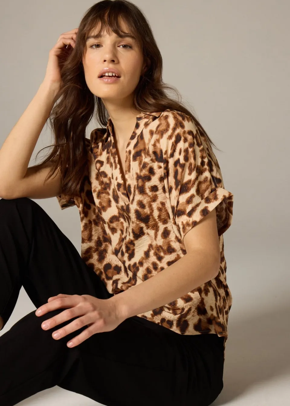 Tops>Et Vous Brown Leopard Print Airflow Blouse