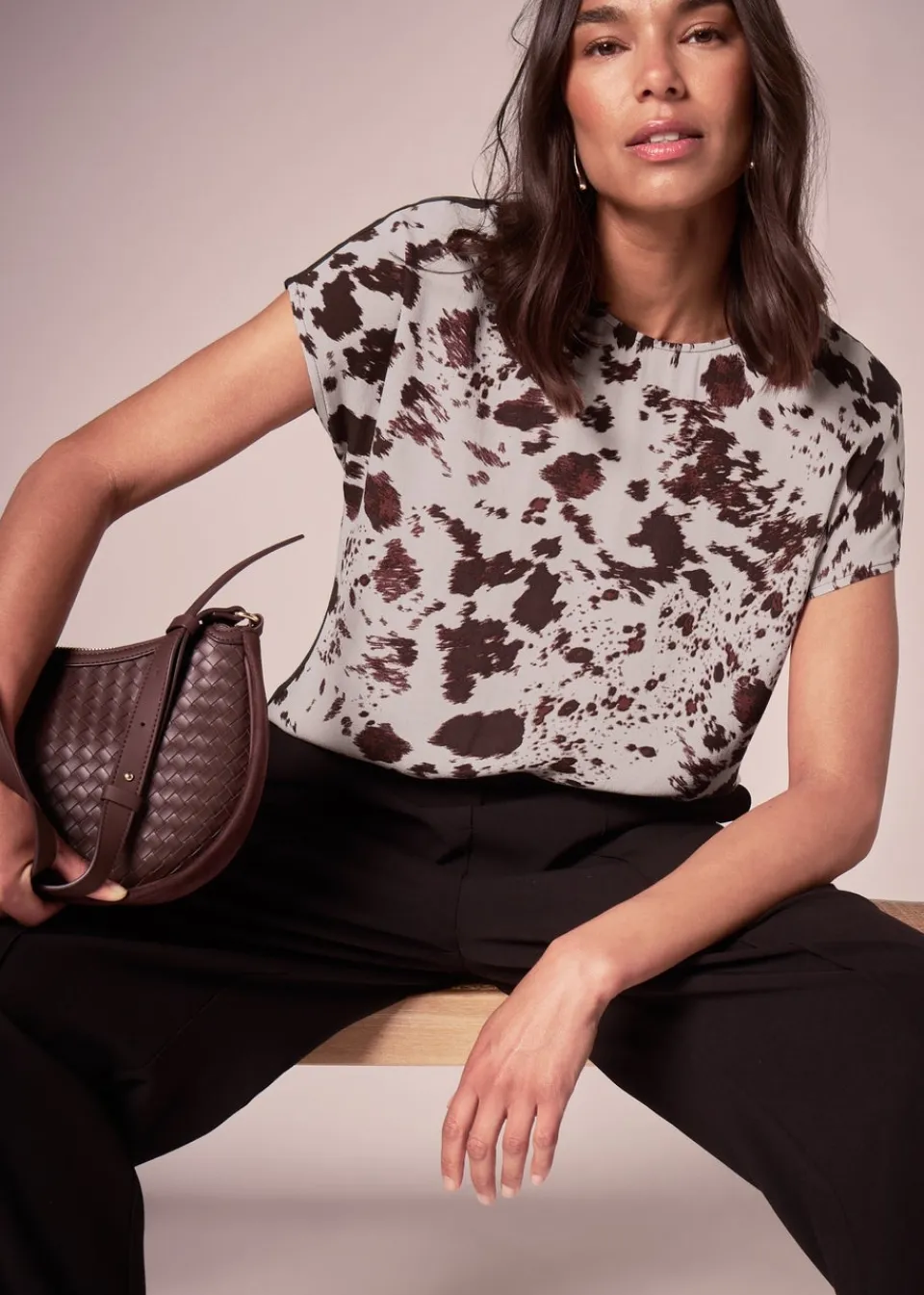 Tops>Et Vous Brown Print Jersey Back Top