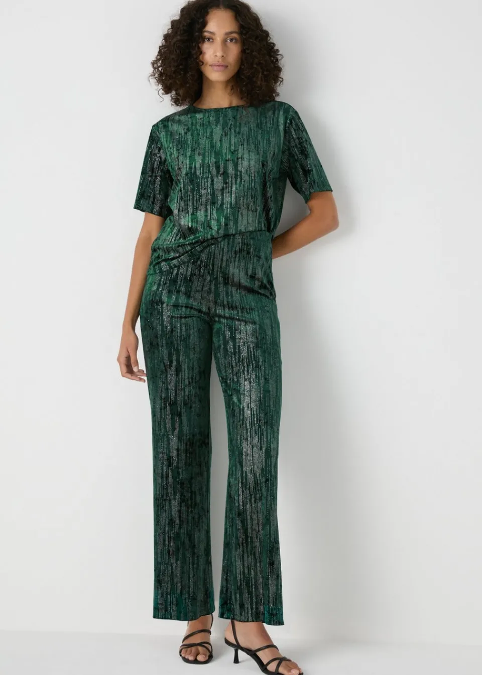 Trousers>Et Vous Green Glitter Velvet Trousers