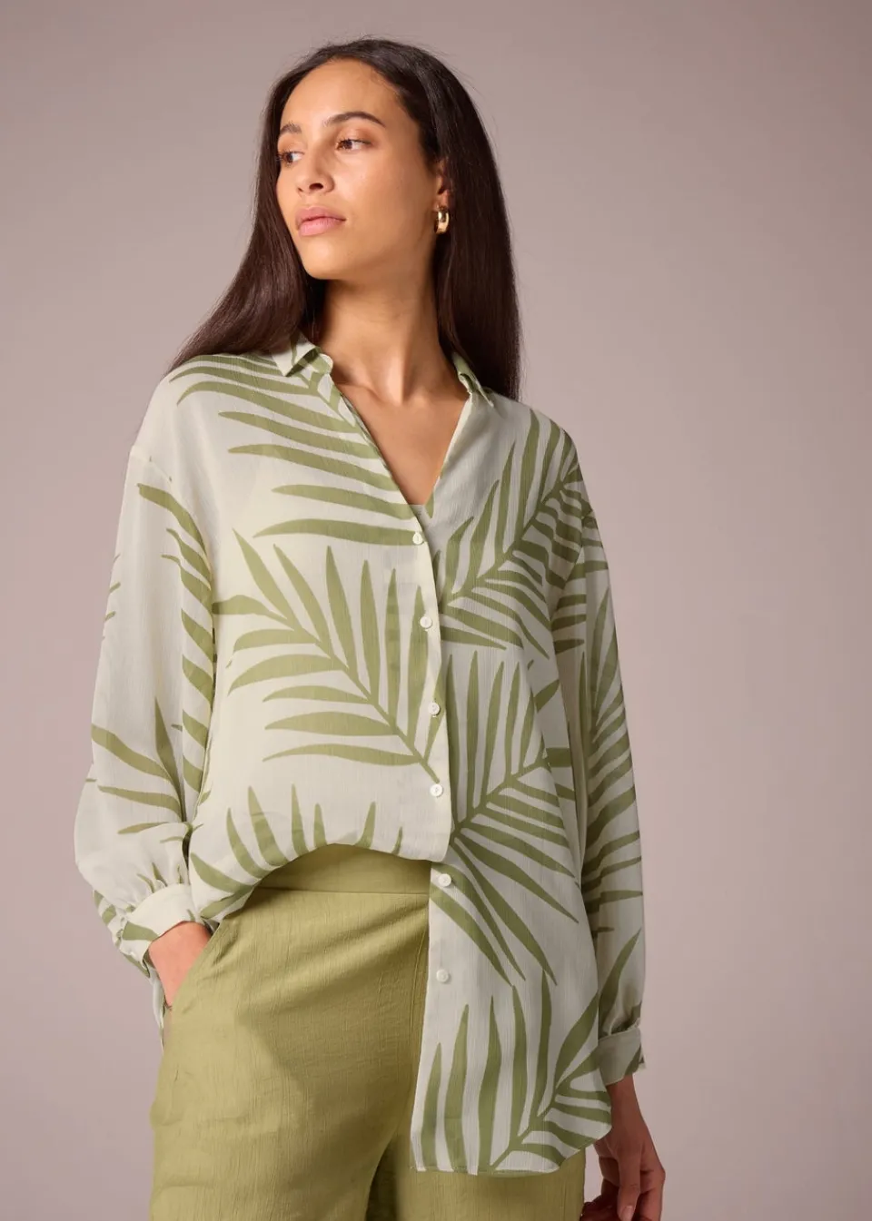 Tops>Et Vous Green Palm Leaf Blouse