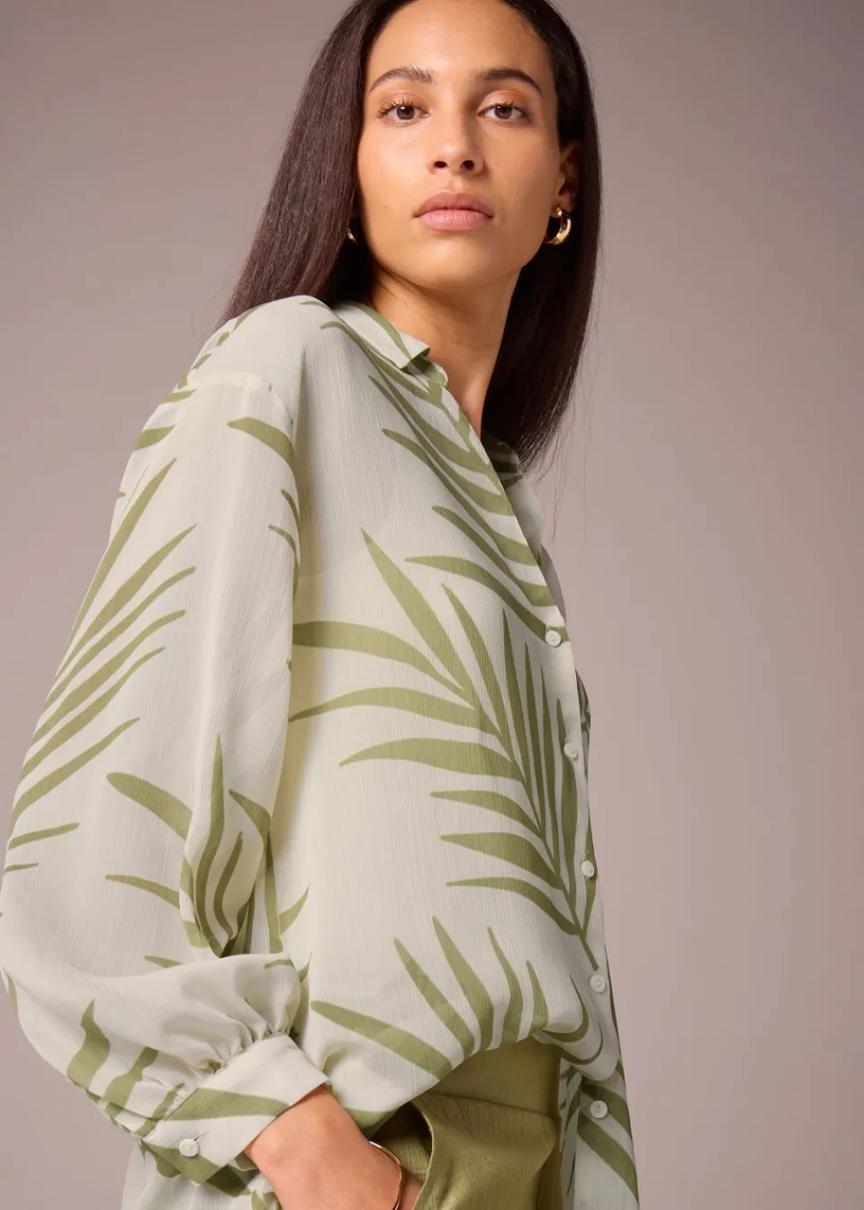 Tops>Et Vous Green Palm Leaf Blouse