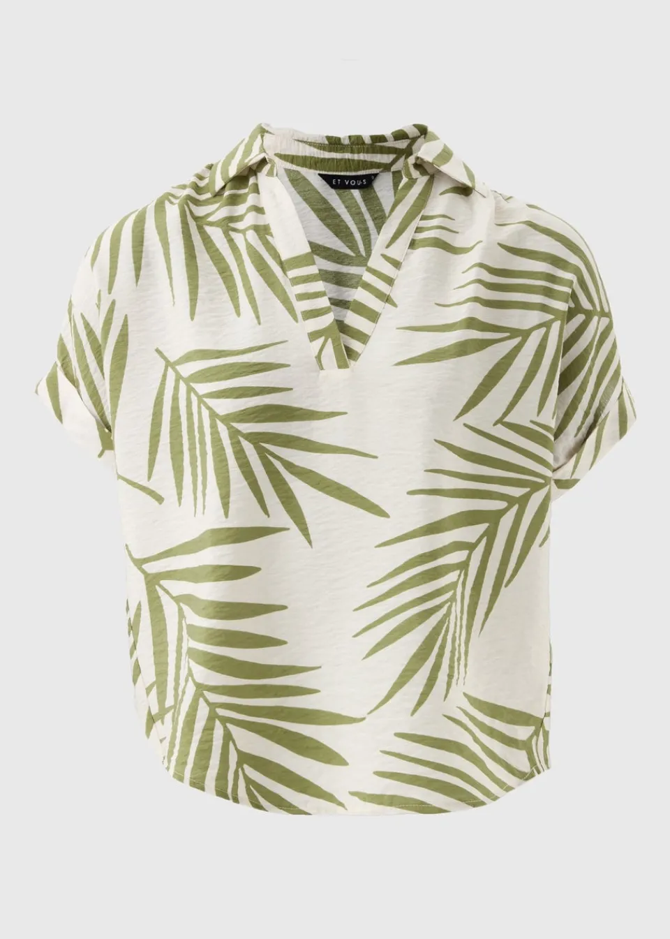 Tops>Et Vous Green Palm Print Airflow V-Neck Blouse