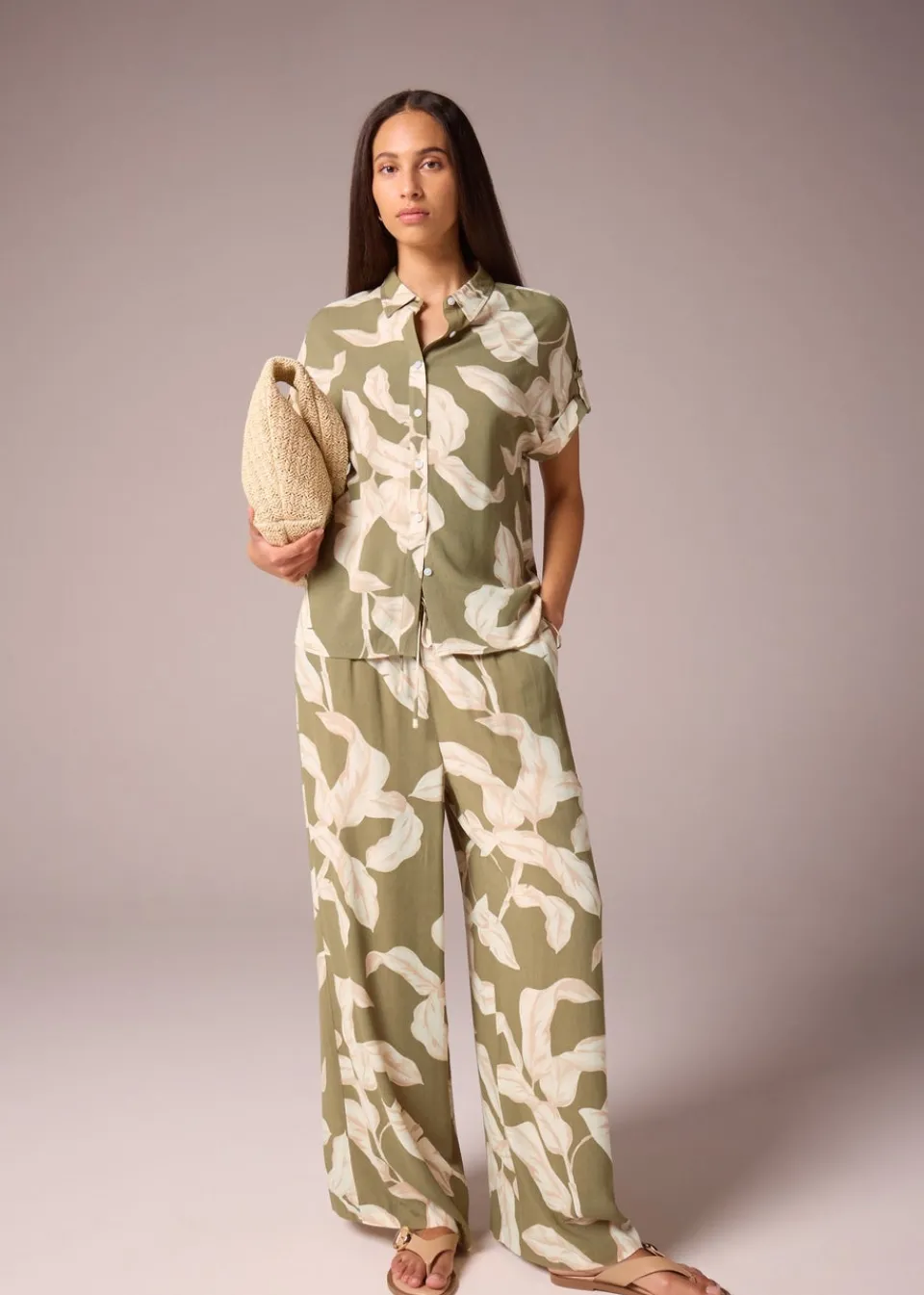 Tops>Et Vous Khaki Co Ord Leaf Print Utility Shirt