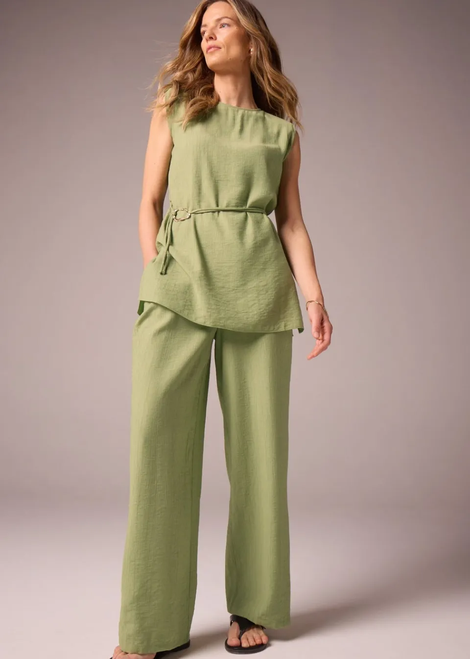 Trousers>Et Vous Co Ord Textured Wide Leg Trousers Khaki