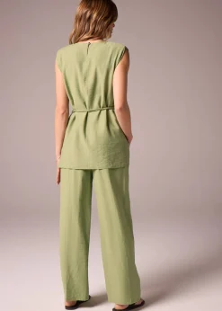 Trousers>Et Vous Co Ord Textured Wide Leg Trousers Khaki