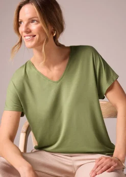 T-Shirts>Et Vous Khaki V-Neck Top