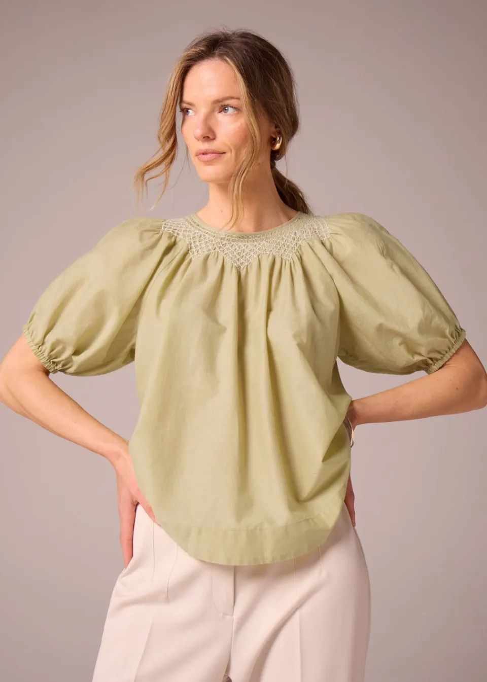 Tops>Et Vous Lime Embroidered Blouse