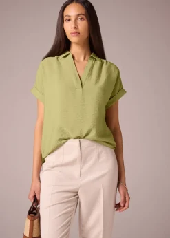 Tops>Et Vous Lime Green Airflow V-Neck Blouse
